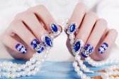 24-delige kunstnagel Art-decoratieset. Blauw en wit met patronen en diamanten. Volledige dekking DIY nep nagels. 10 verschillende maten en minimaal 2 stuks per maat