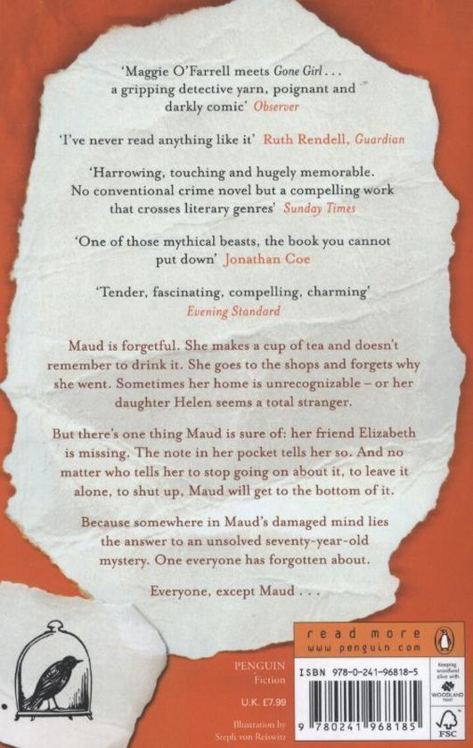 Achterkant van 'Elizabeth Is Missing' met recensies en beschrijving. Een getekende vogel in een kooi linksonder.