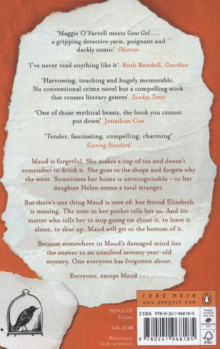 Achterkant van 'Elizabeth Is Missing' met recensies en beschrijving. Een getekende vogel in een kooi linksonder.