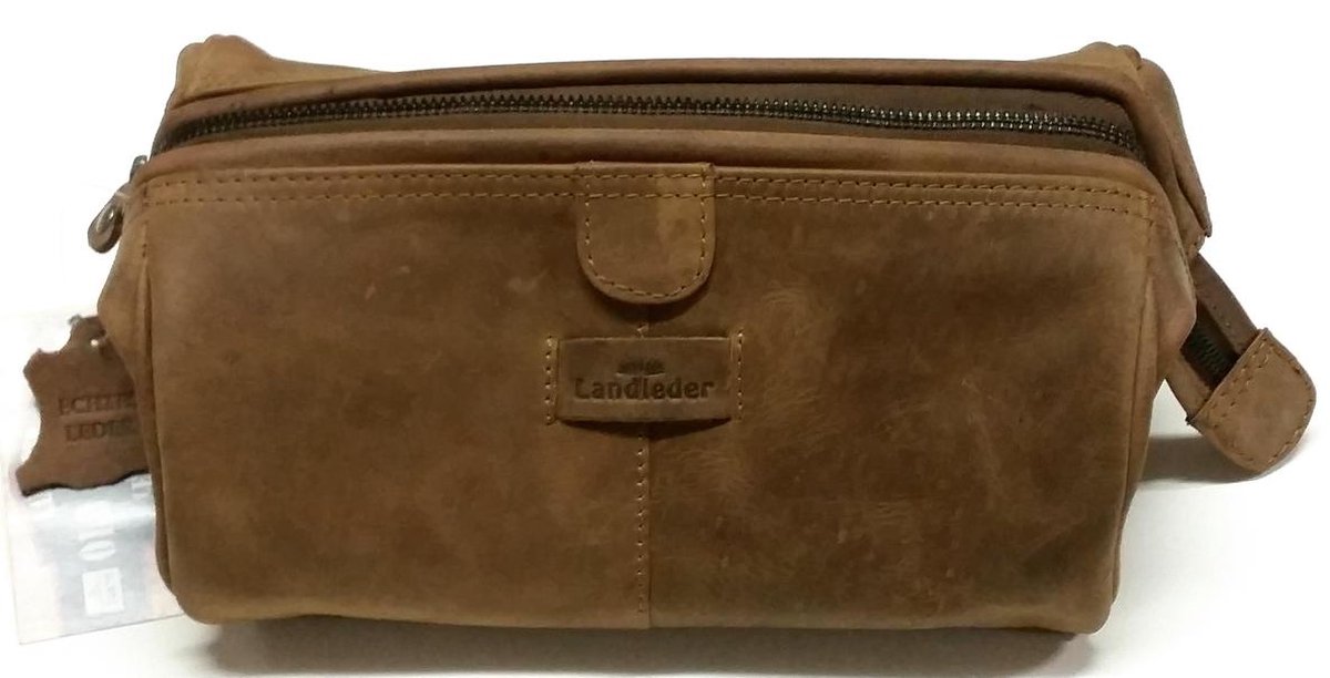 Toilettas - Landleder - Lederen Toilettas - "Old School" - Vintage Bruin - afmeting :26 x 14 x 17 cm.