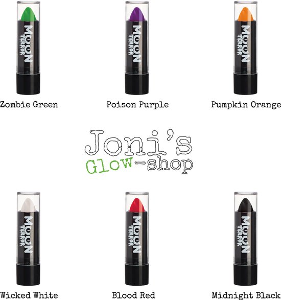 Zes Moon Terror lippenstiften: groen, paars, oranje, wit, rood en zwart.