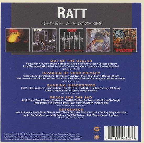 RATT ORIGINAL ALBUM SERIES albumtitels en tracklijsten met RATT logo en vijf albumhoezen.