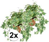 2x Kunstplant klimop groen/wit in pot 30 cm- Kamerplant groen/witte klimop
