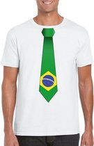 Wit t-shirt met Braziliaanse vlag stropdas heren - Brazilie supporter L