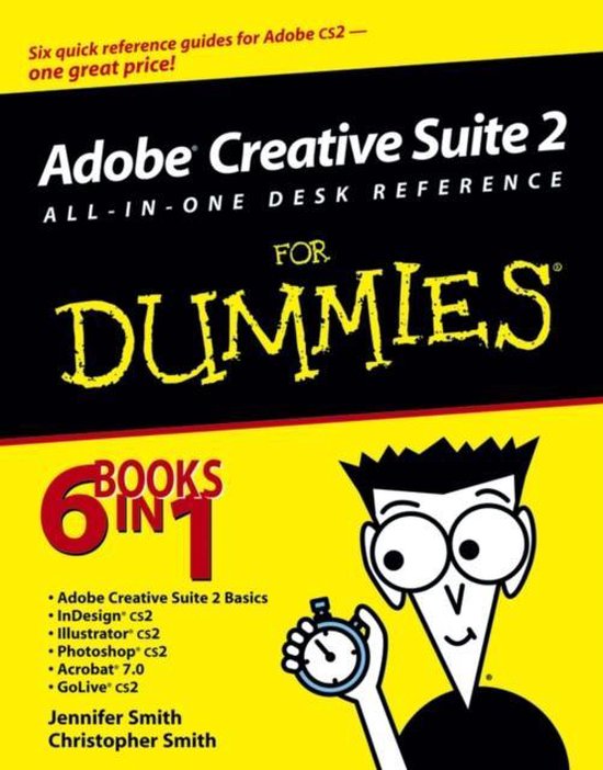 Boek "Adobe Creative Suite 2 All-In-One Desk Reference For Dummies" met op de cover een stripfiguur die een stopwatch vasthoudt.