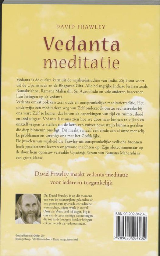 Achterkant boek: "Vedanta meditatie" van David Frawley. Tekst en een portret van David Frawley.