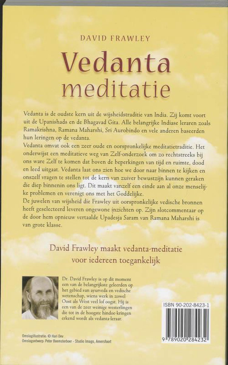 Achterkant boek: "Vedanta meditatie" van David Frawley. Tekst en een portret van David Frawley.