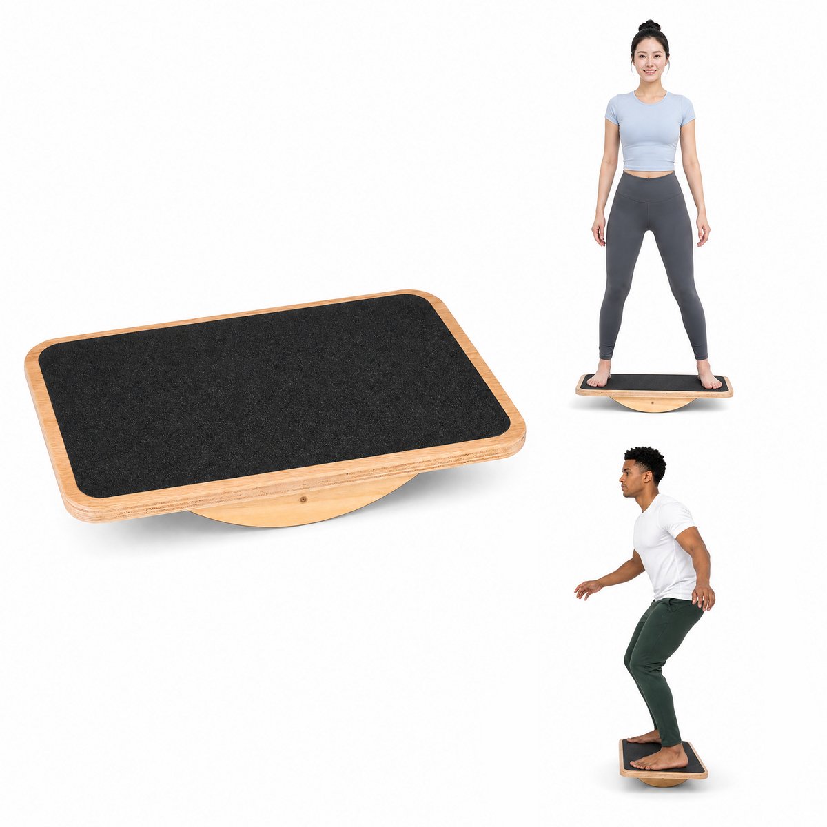 Houten balansbord - Rechthoekig wiebelbord - Antislip bovenlaag - Gebogen houten steunen - 43 x 33 x 7,8 cm - Voor balansoefeningen thuis - Zwart en houtkleur- Balanstrainer Voor Volwassenen - Antislip Fitnessbal-Yoga En Coördinatie Training-Antislip