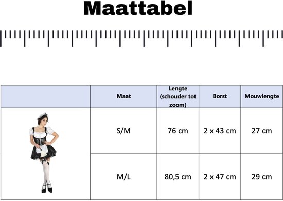 Maattabel voor French Maid kostuum met maat, lengte, borstomvang en mouwlengte in centimeters.