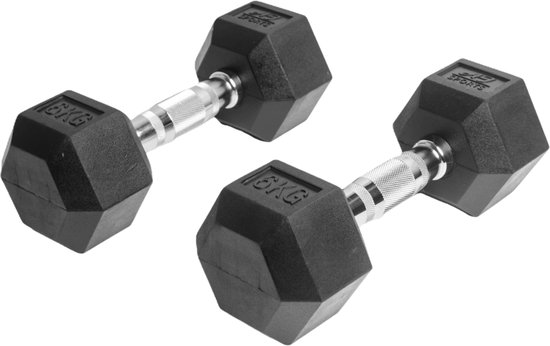 Set van twee zwarte zeshoekige AJ-Sports dumbbells van 6 kg met een geribbelde, verchroomde metalen greep.