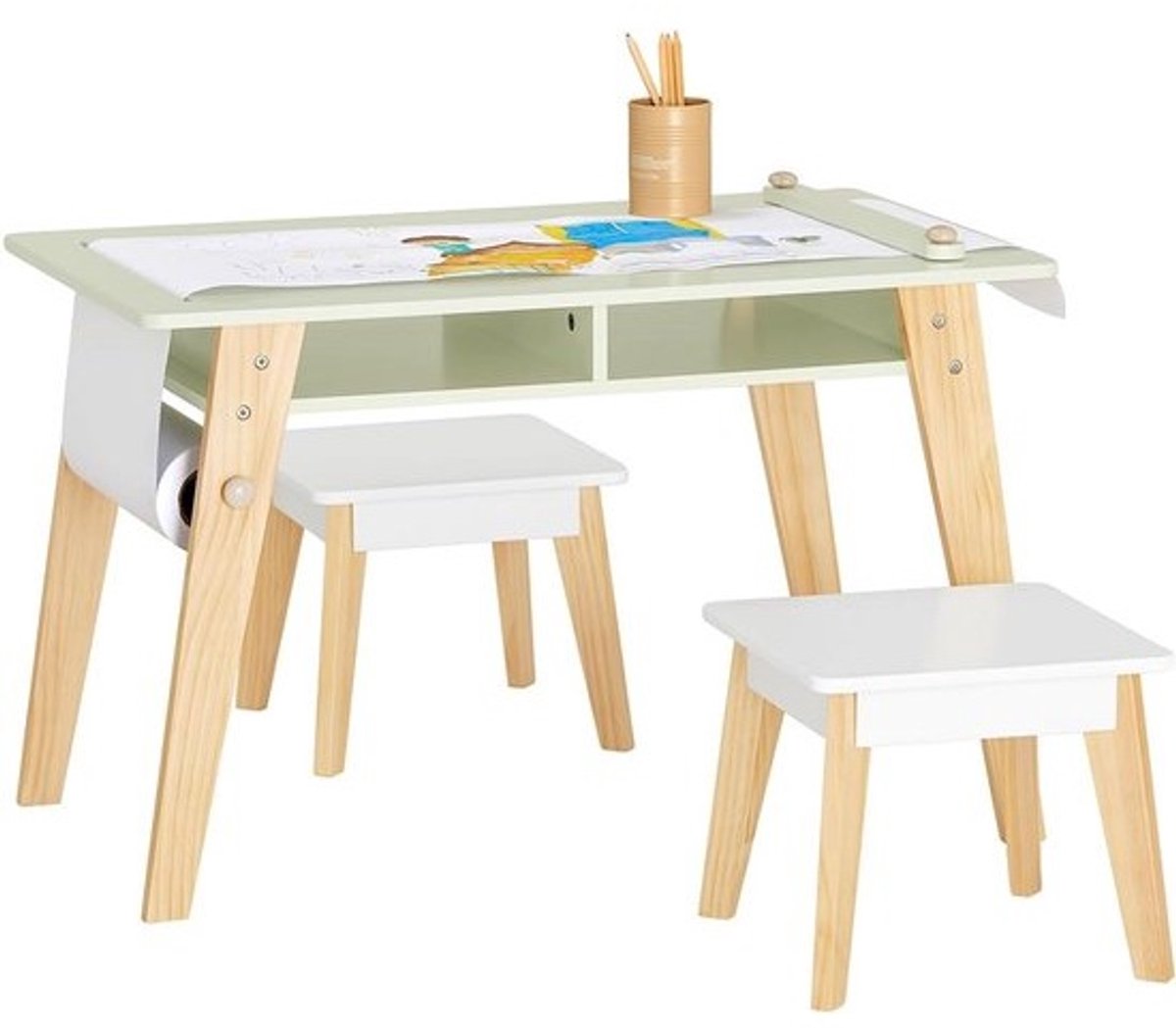 Kindertafelset met 2 stoelen en papierrolhouder - speel- en studietafel voor kinderen