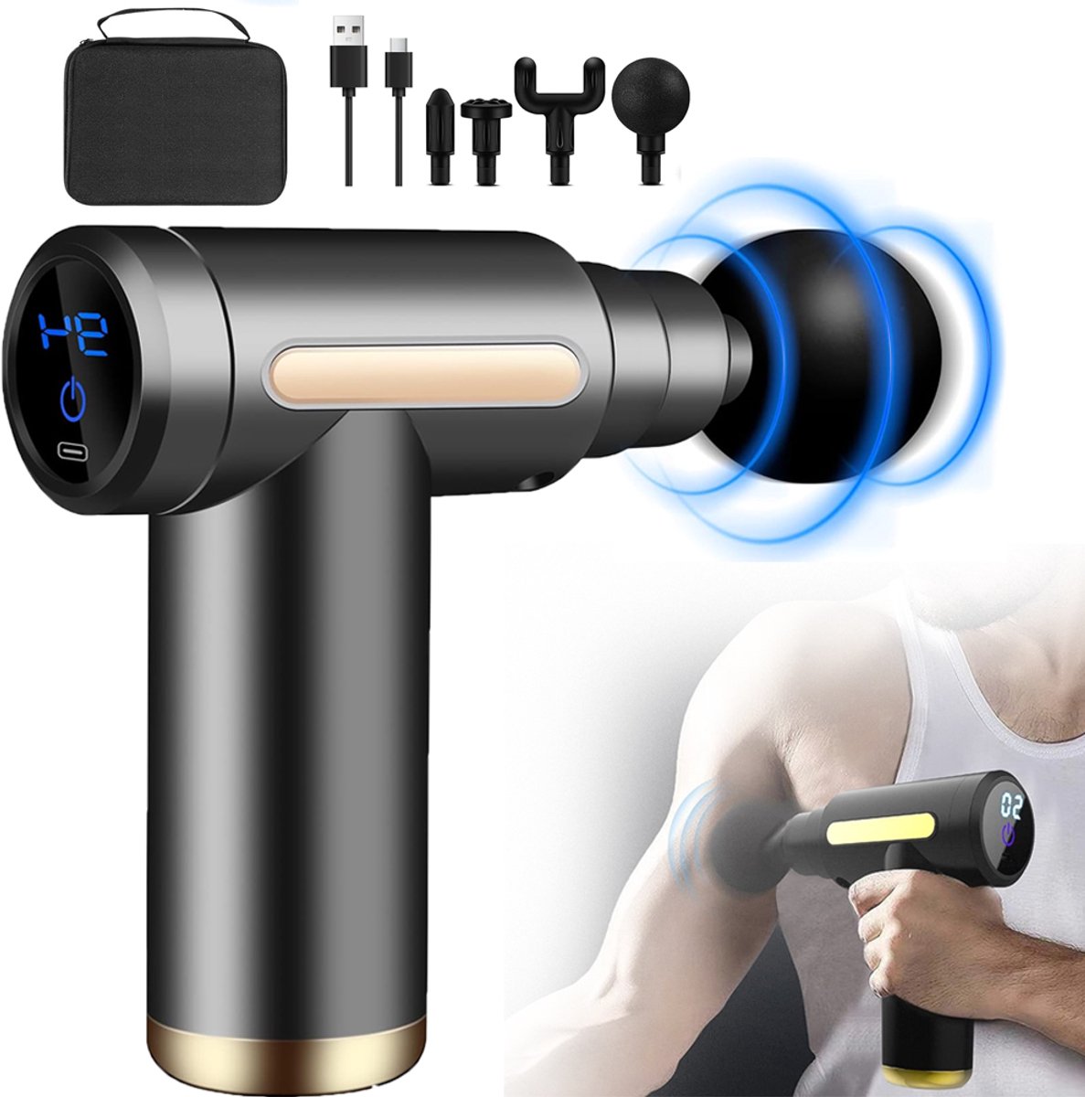 LCD-Display En 4 Massagekoppen – Massagepistool Met 6 Snelheidsniveaus – 2000 mAh Batterij En 25-30 Minuten Gebruiksduur – Geluidsarm En Draagbaar – Voor Benen, Rug, Schouders En Voeten
