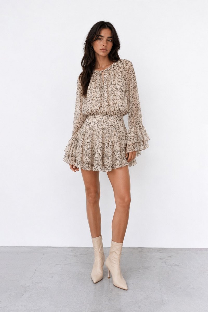 Van Verla - Jurk met strik en leopardprint Dames - Lange mouw - Ronde hals - Beige - Maat S