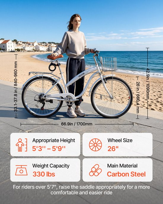 VEVOR Dames Cruiserfiets van 26 inch, Draagvermogen 150 Kg, 7 Versnellingen, Wit, voor Woon-Werkverkeer, Boodschappen en Stranduitstapjes, met Dubbele V-Remmen, Bagagedrager van 50 Kg, Spatborden en Gereedschapskit — afbeelding 3
