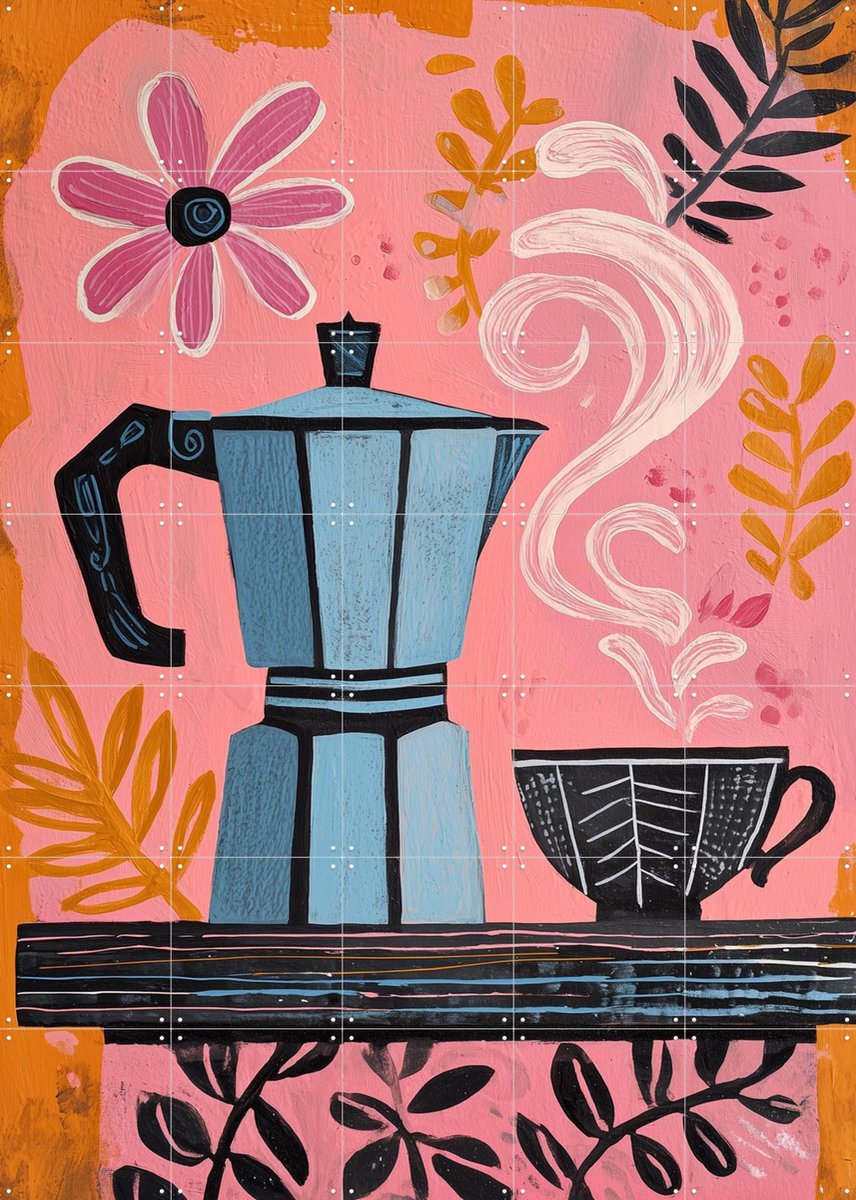 IXXI Coffee In Pink, Branka Kodžoman - 100 x 140 cm - Gratis ophangtool - Grote wanddecoratie en posters - Kleurrijk, Illustraties, Eetkamer, Keuken