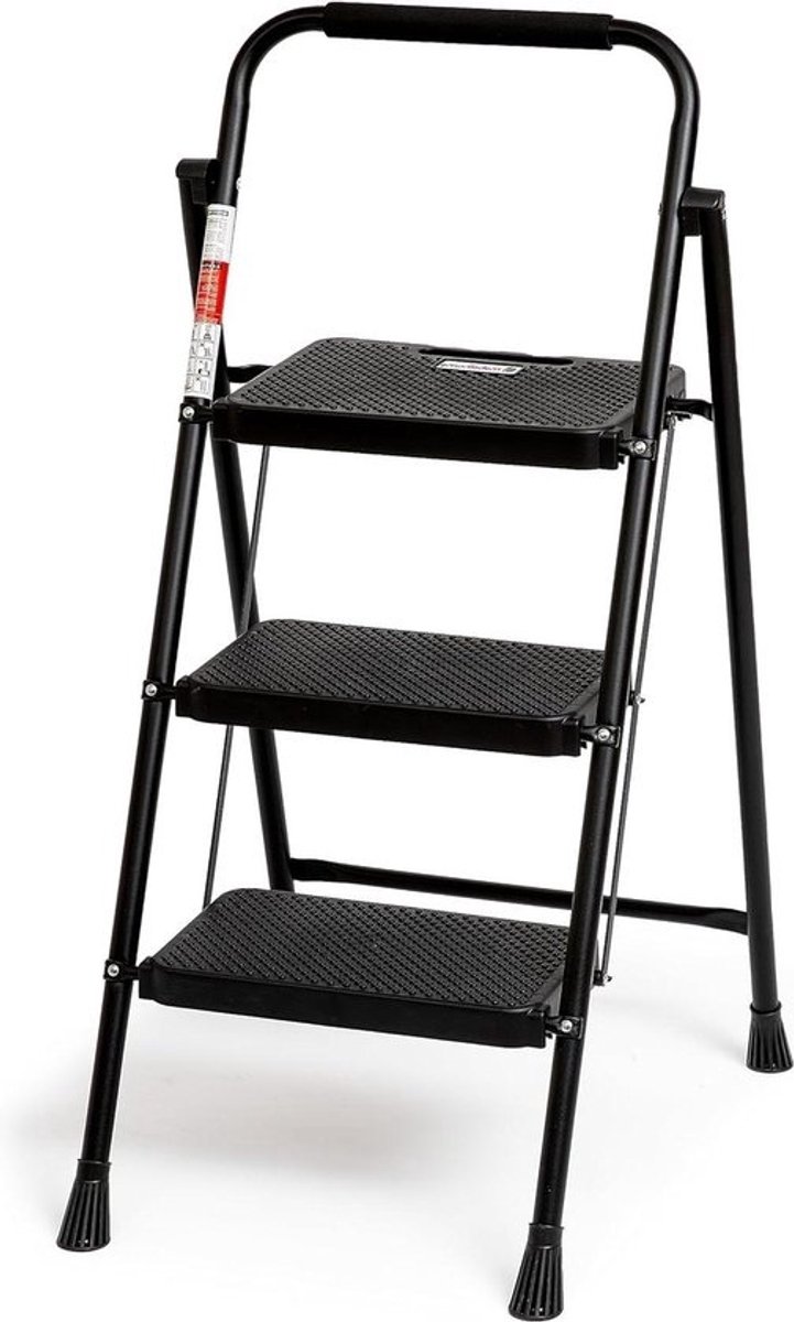 Opvouwbare 3-traps ladder - met antislip - Breed pedaal - met handvat - Stabiele stalen ladder - Draagbare trapladder - Zwarte ladder