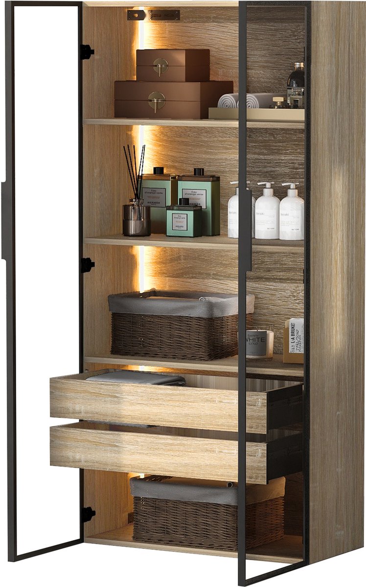 Badkamerkast Met LED-Verlichting - Glazen Deuren En 2 Lades - Open Vakken Voor Handdoeken En Verzorgingsproducten - MDF - 74 x 36 x 155 cm