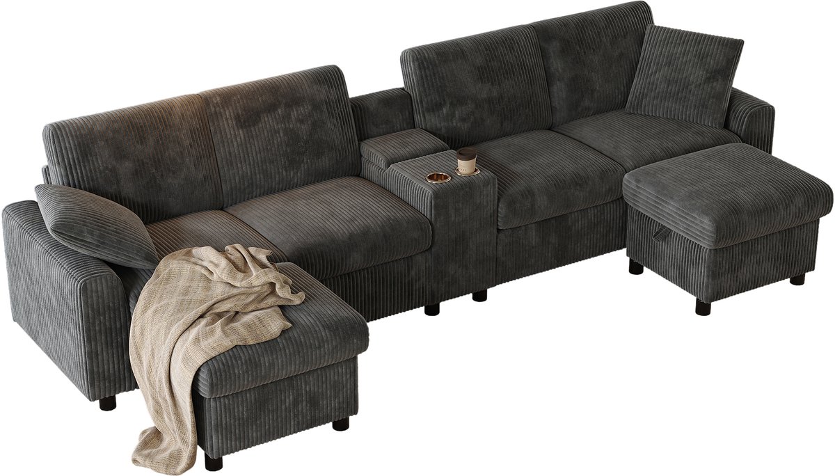 MEUBLE COSY 4-Zits Hoekbank - U-Vorm Met USB Stopcontacten En Opbergruimte - Grijs
