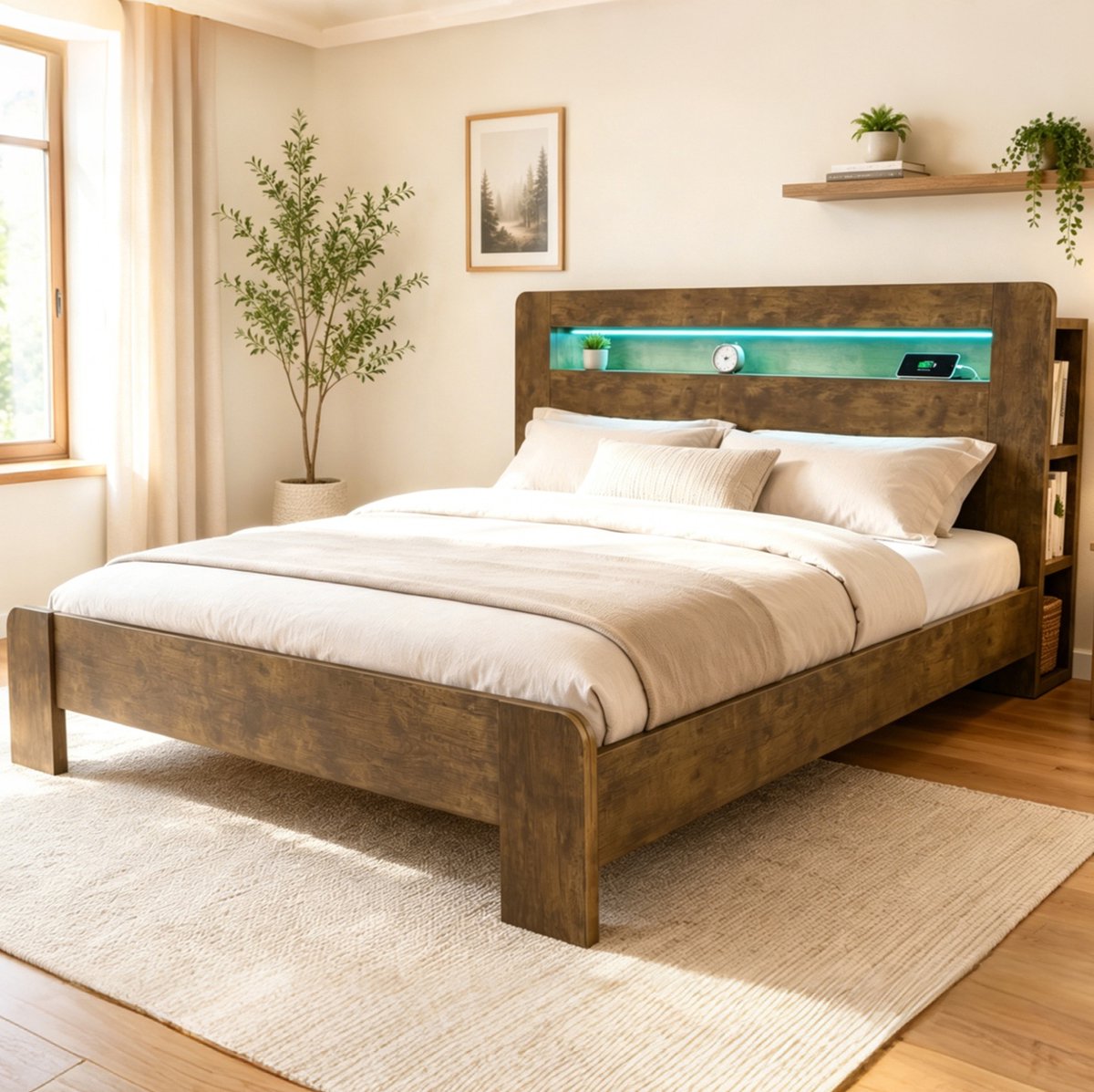 REDOM Tweepersoonsbed - Opbergruimte in hoofdbord - LED-verlichting en stopcontacten - Platformbed - Slaapkamer - Hout en MDF - Houtkleur - 180 x 200 cm