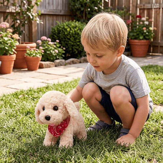 Realistische pluche speelgoedhond voor kinderen - Hond aan de lijn - Loopt, blaft, kwispelt met zijn staart - Geel — afbeelding 2