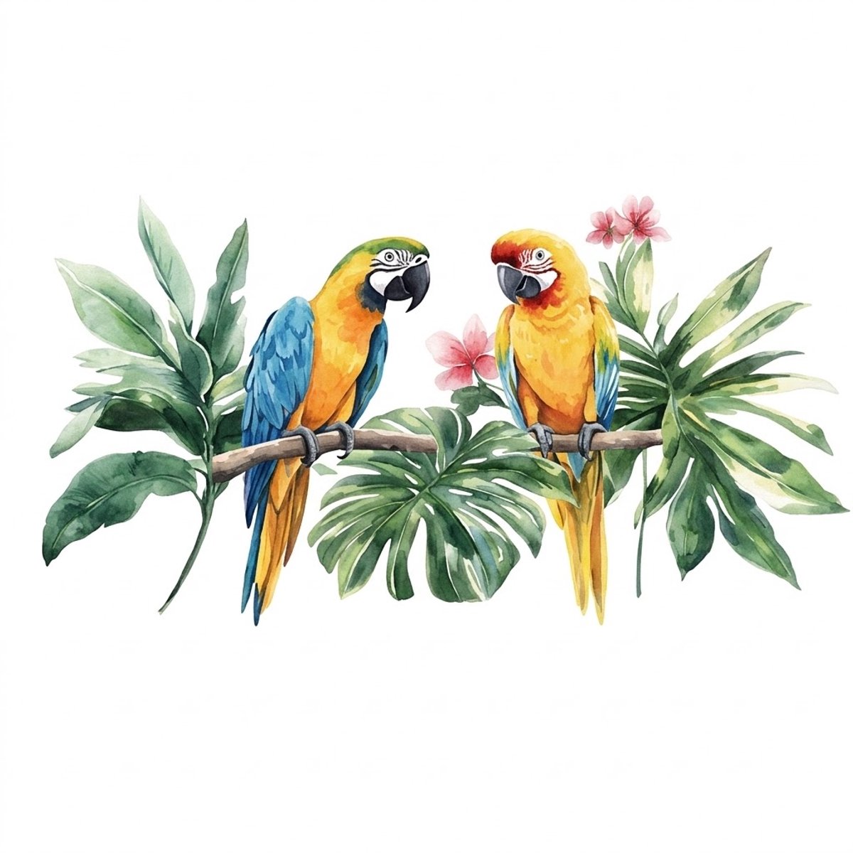NUVEX Geel blauw groen papegaai muursticker – 2 tropische papegaaien op tak met grote bladeren en roze bloemen – aquarel dieren wandsticker – jungle decoratie voor woonkamer slaapkamer eetkamer