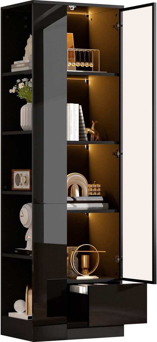 Vitrinekast Met Glazen Deur En Ledverlichting - Lades En Open Vakken - Voor Woonkamer Of Eetkamer - Zwart - Spaanplaat En Glas - 50x35x160 cm