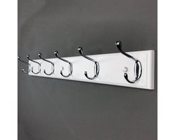 Houten muurhanger - 6 zilveren haken - Stevige haakbaan - Voor jassen - 70 cm - Moderne hanger - Voor inkomhal - Witte hanger - Lomejii - Wandgemonteerd hakenrek