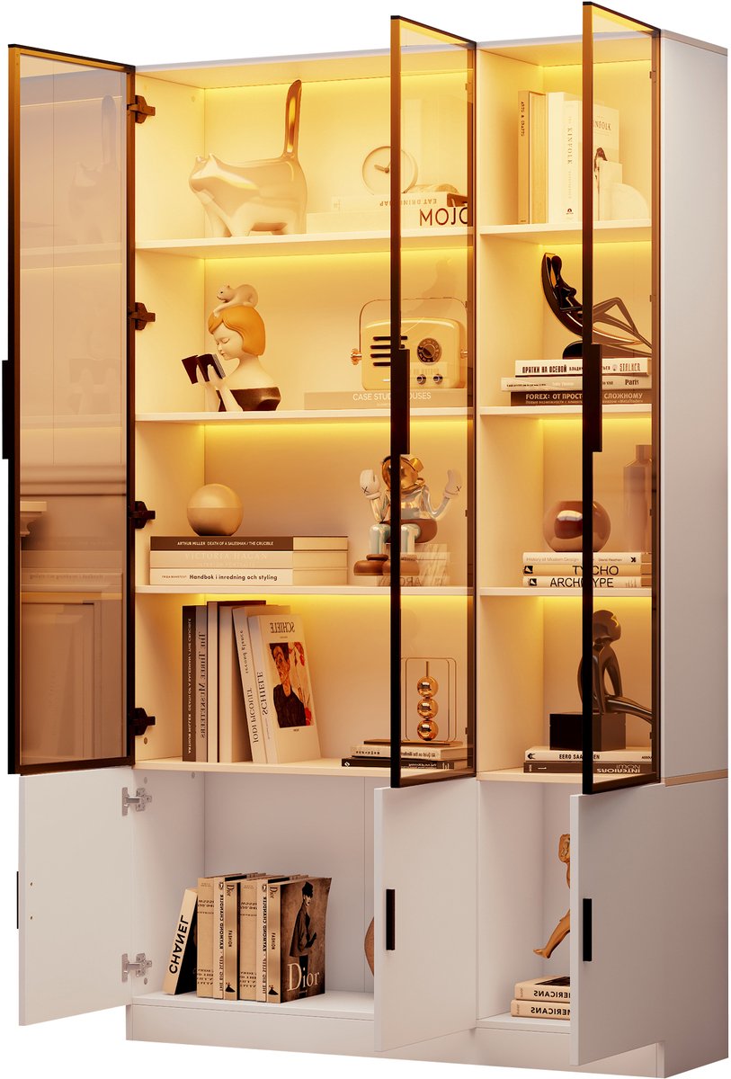Vitrinekast Met LEDverlichting - Hoge Vitrinekast Met 6 Glazen Deuren - Legplanken En Opbergruimte - Voor Woonkamer - MDF En Glas - Wit - 120 cm Breed