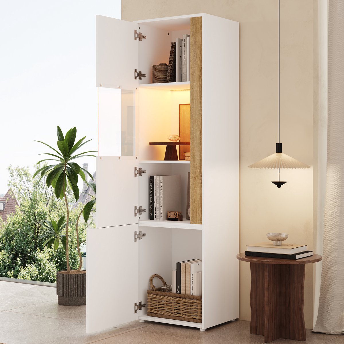 Hoge Vitrinekast Met Ledverlichting - Vitrinekast Met 2 Deuren - Acryl Deur En Opbergruimte - Voor Woonkamer, Kantoor Of Keuken - Wit/Natuurlijk