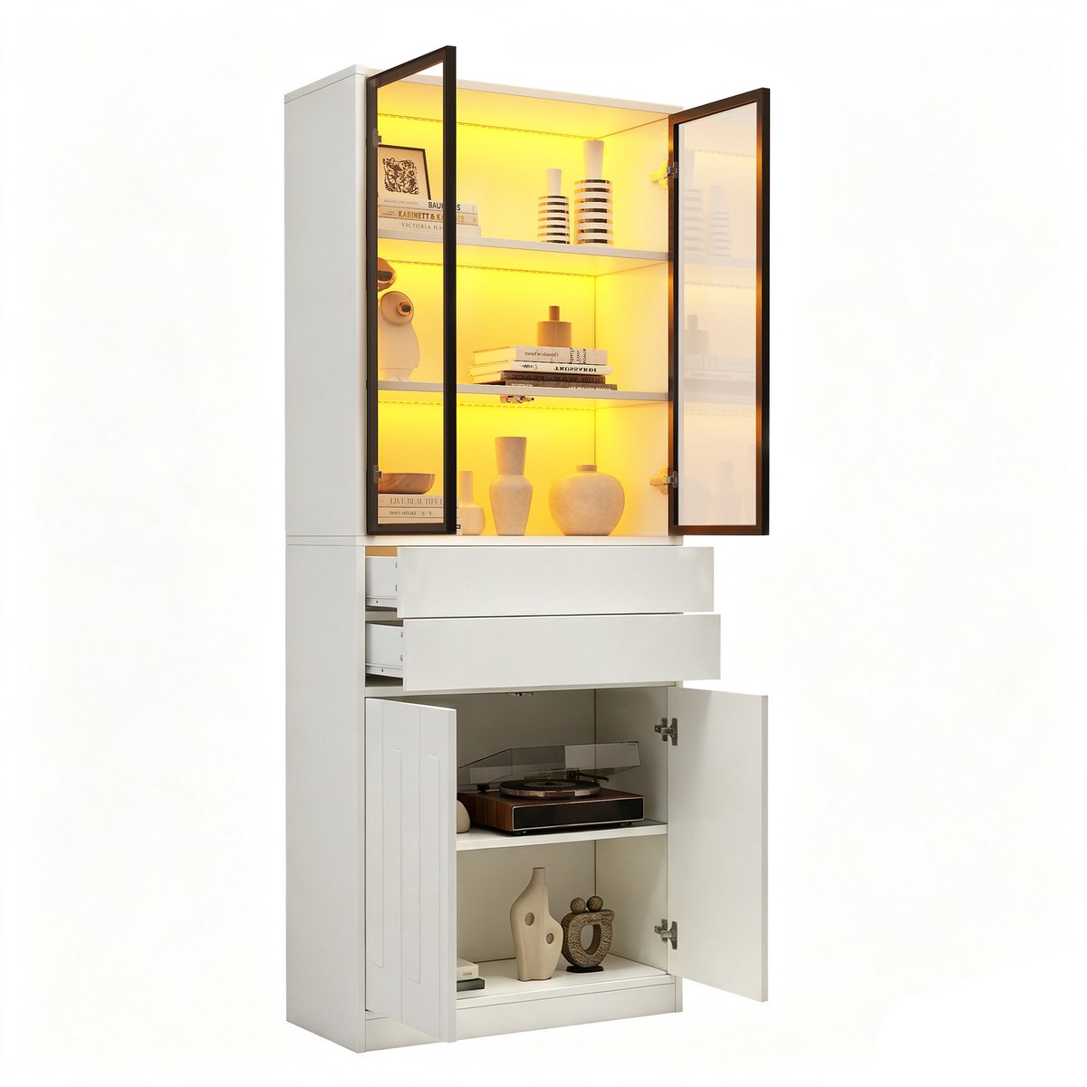 Vitrinekast Met Glazen Deuren En LED Verlichting - Twee Laden En Zeven Vakken - Hoge Kast Voor Woonkamer Of Werkkamer - Wit - 70 X 34 X 180 Cm