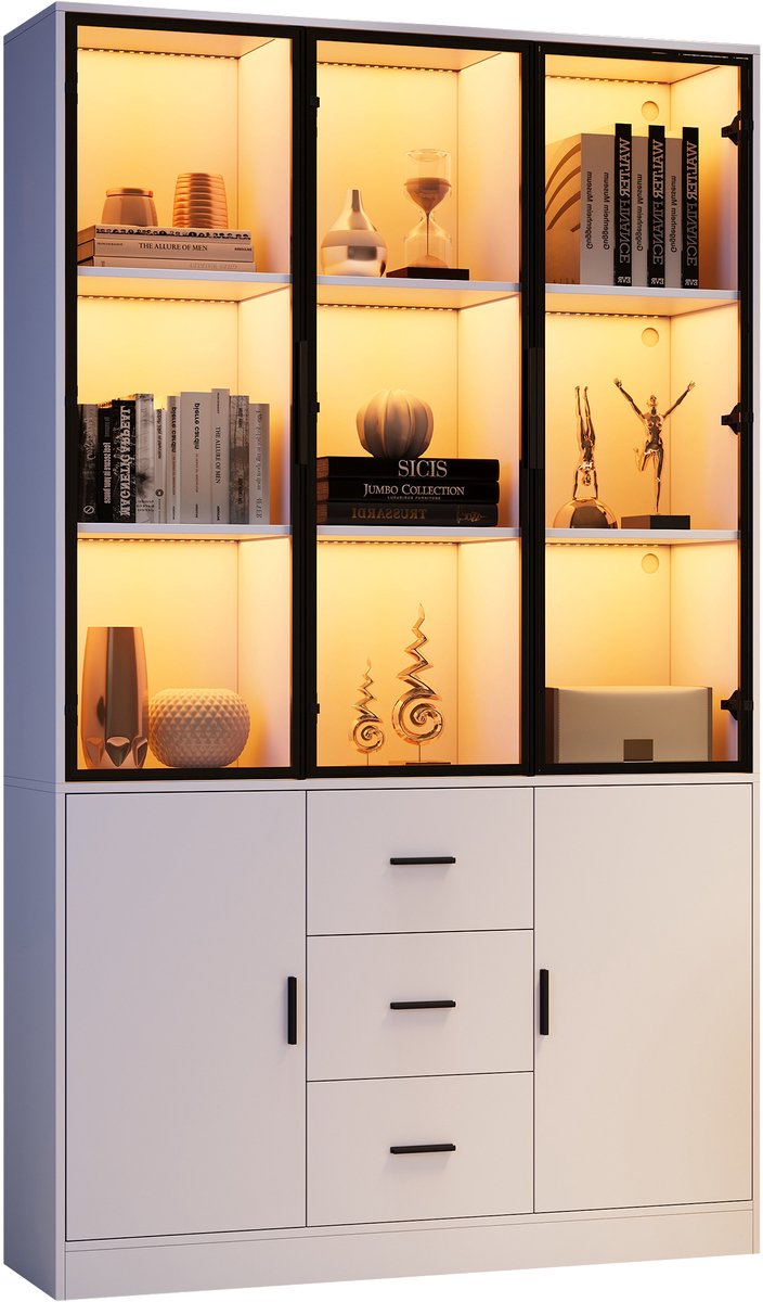 Vitrinekast Met Glazen Deuren En RGB-LEDverlichting - 13 Opbergvakken, 3 Laden En Gesloten Kast - Voor Woonkamer - Wit - Spaanplaat - 120x30x200 cm