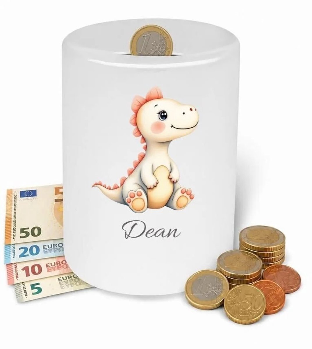 Spaarpot Dino zittend - gepersonaliseerd - met eigen naam - verjaardagscadeau - kraam cadeau - kinderkamer - babykamer