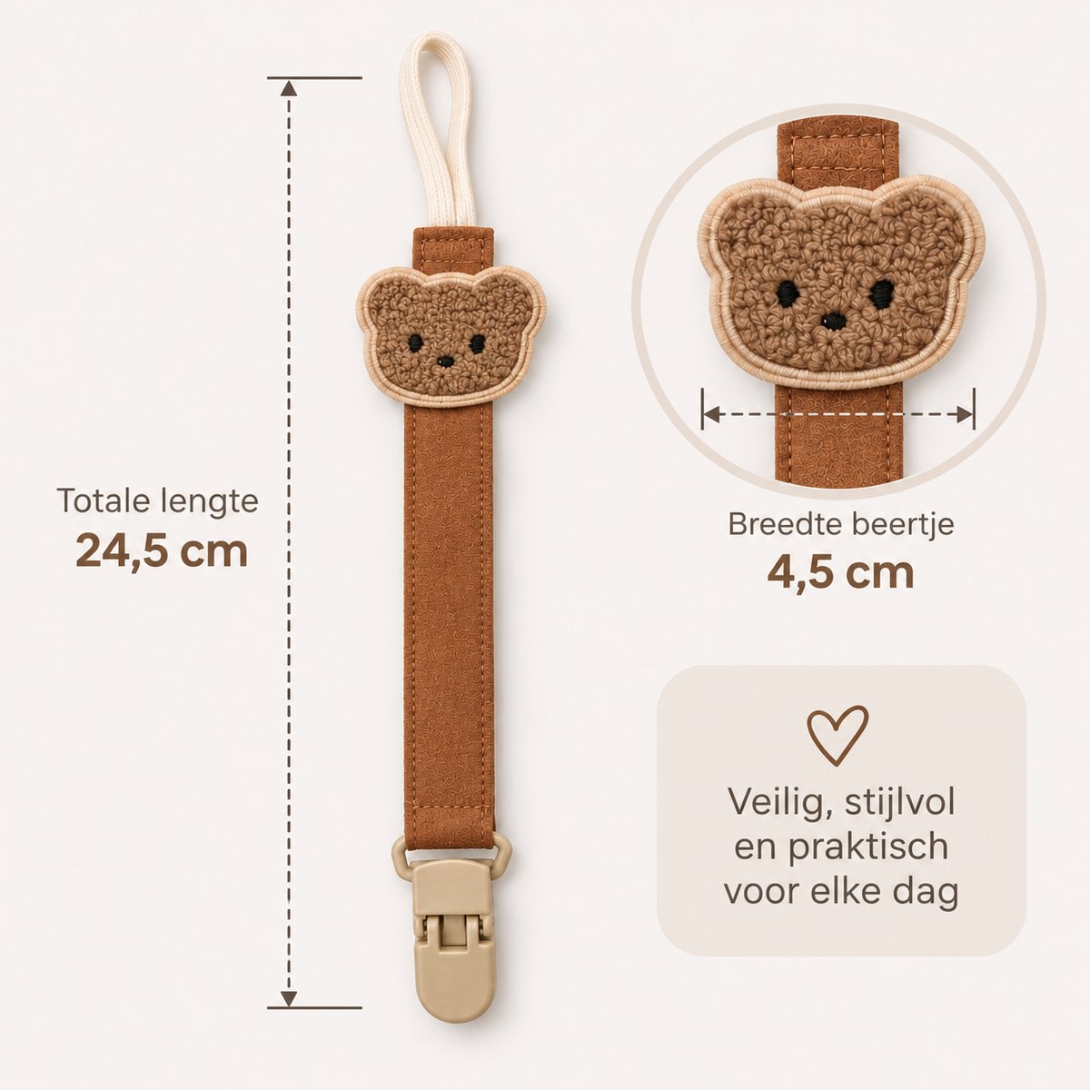 Speenkoord Teddy Beer Bruin – Fopspeenkoord met Clip – Speenhouder voor Baby – Jongen & Meisje – Kraamcadeau & Babyshower Cadeau – foto 2