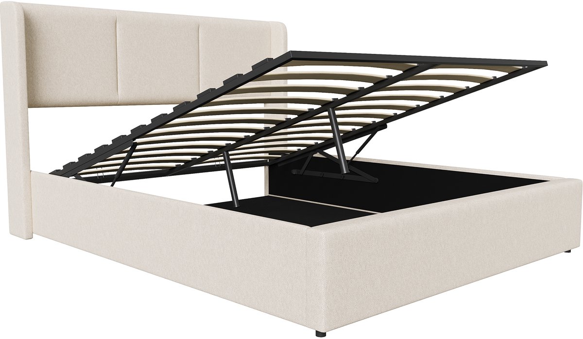 Opbergbed 160x200 cm - Beige Bedframe in Linnen Look - Tweepersoonsbed met Hydraulisch Opbergsysteem en Ruime Opbergruimte thumbnail 3