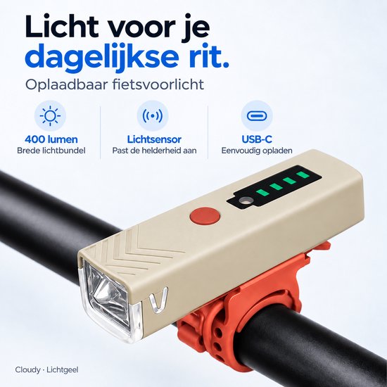 Cloudy Oplaadbare Fietslamp Voor - 400 lumen - Lichtsensor - USB-C - IPX6 - Lichtgeel — afbeelding 3