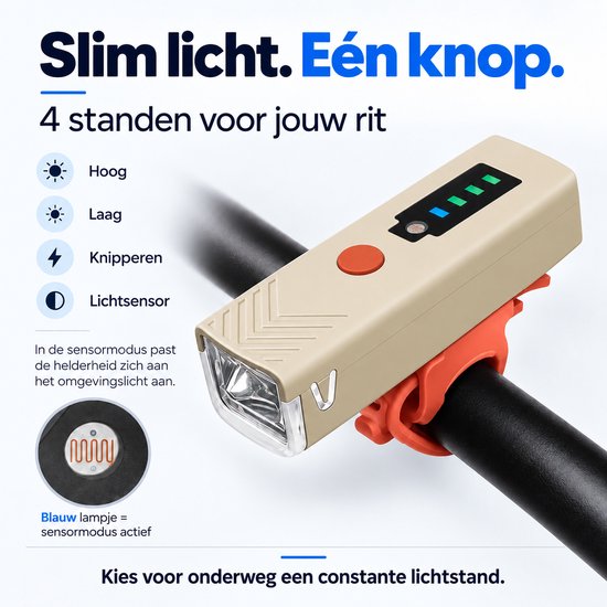 Cloudy Oplaadbare Fietslamp Voor - 400 lumen - Lichtsensor - USB-C - IPX6 - Lichtgeel — afbeelding 2