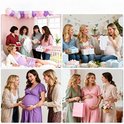 Collage van vier afbeeldingen die een babyshower vieren met zwangere vrouwen en cadeaus.