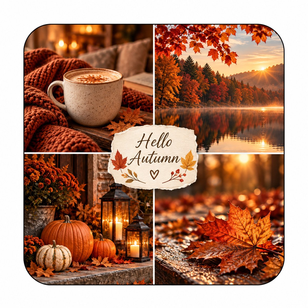 Herfst MDF onderzetter 10 x 10 cm – Hello Autumn – Koffie, Pompoenen en Herfstlandschap