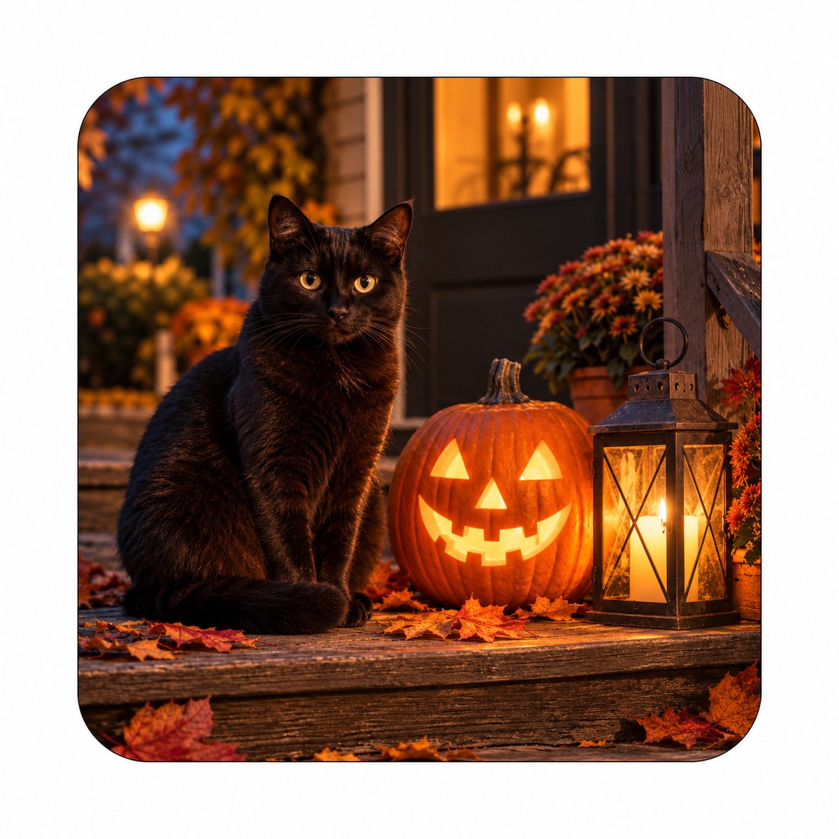 Halloween MDF onderzetter 10 x 10 cm – Zwarte Kat met Pompoen – Herfstdecoratie en onderzetter