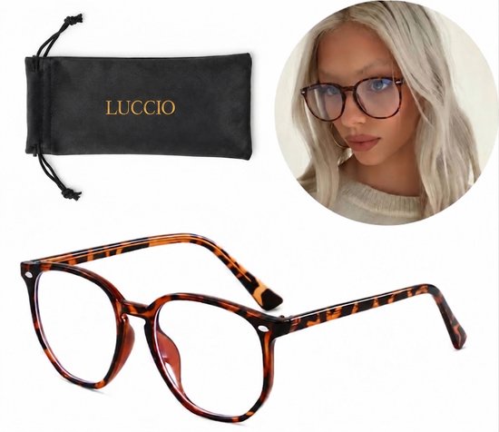 LUCCIO Blauw Licht Bril - Blue Light Glasses - Blauw Licht Bril Zonder Sterkte - Beschermend - Blue Light Blocking Glasses - Rond montuur - Panterprint