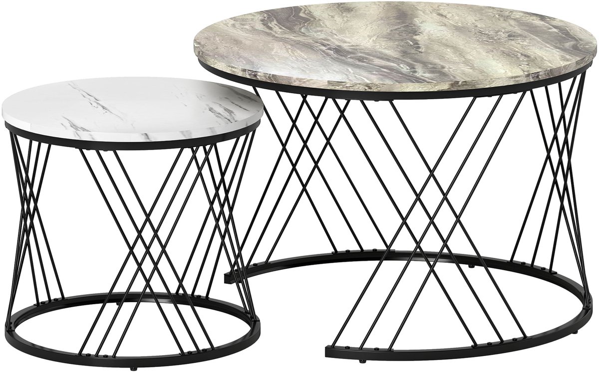 Homona Salontafelset - 2-delig - Rond - Met marmorlook - Ø70 x 46,5 cm en Ø44,5 x 39 cm - Grijs/Wit