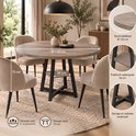 Afmetingen van ronde eettafel: blad Ø 120 cm, hoogte 75 cm, opbergvak 36 cm. Stoelen voor 4-6 personen met stevige onderstel.