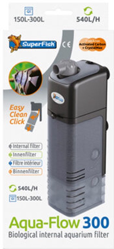 Aqua-Flow 300 biologisch intern aquariumfilter. Grijs met donkergrijs deksel. 540L/H, 150L-300L.