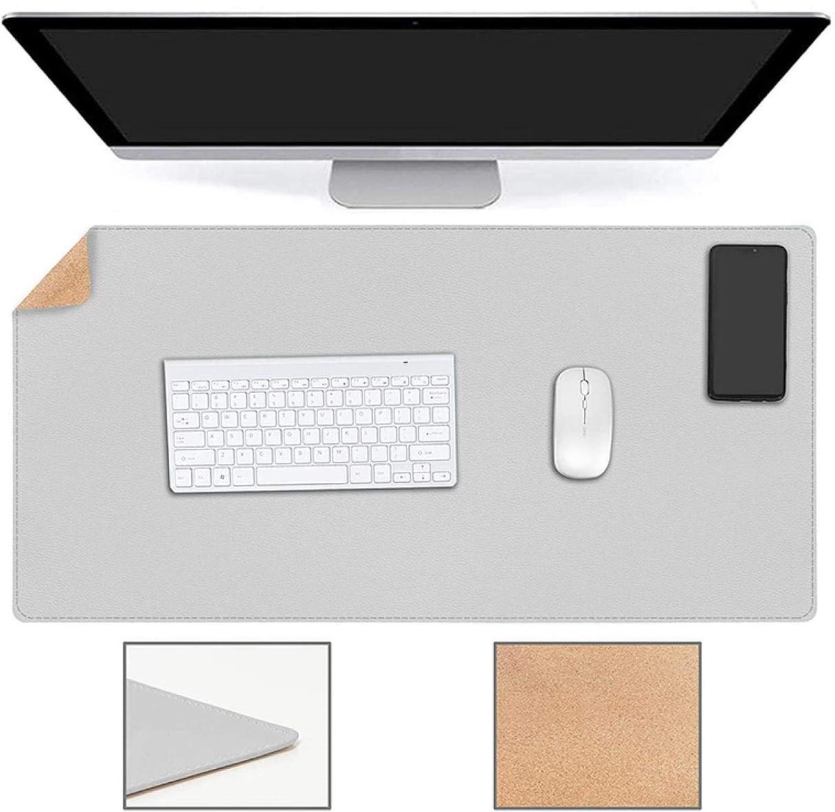 Office Oversized Gaming Mouse Pad Dubbelzijdig PU Lederen Bureau Pad Toetsenbord Pad Waterdicht en Stofdicht Computer Muismat 60X35cm Grijs