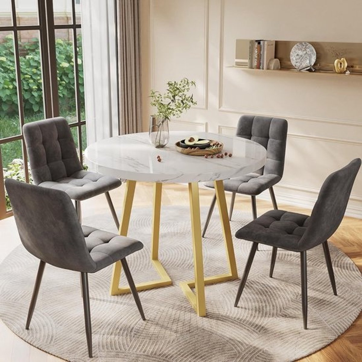 Ronde eetkamerset - Tafel met wit tafelblad en 4 grijze fluwelen stoelen - Ø80 cm - Wit tafelblad