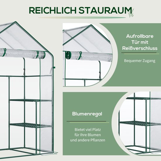Een transparante foliekas met groen frame, met details van de oprolbare deur en de bloemplanken.