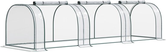 Transparante foliekas met vier bogen en een groen frame, op een witte achtergrond.
