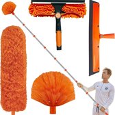 4-in-1 Ramenwasser met Telescoopsteel- Ruitenreiniger - Raamwisser - Raamtrekker - Dubbelzijdige Glasreiniger met Spinnenwebborstel, Microvezelstofdoek en Waterwisser - Verlengbare Schoonmaakborstel voor Ramen en Hoge Ruiten - Oranje