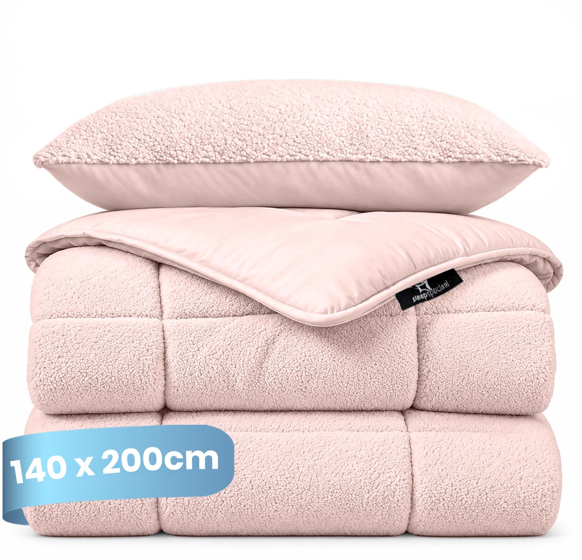 Slaapspeciaal Teddydekbed - Dekbed zonder overtrek - Winterdekbed - Wasbaar dekbed zonder overtrek - Hoesloos dekbed - Fluffy - 2 in 1 Dekbed - Roze - 140x200 cm - Inclusief Kussensloop 60x70 cm