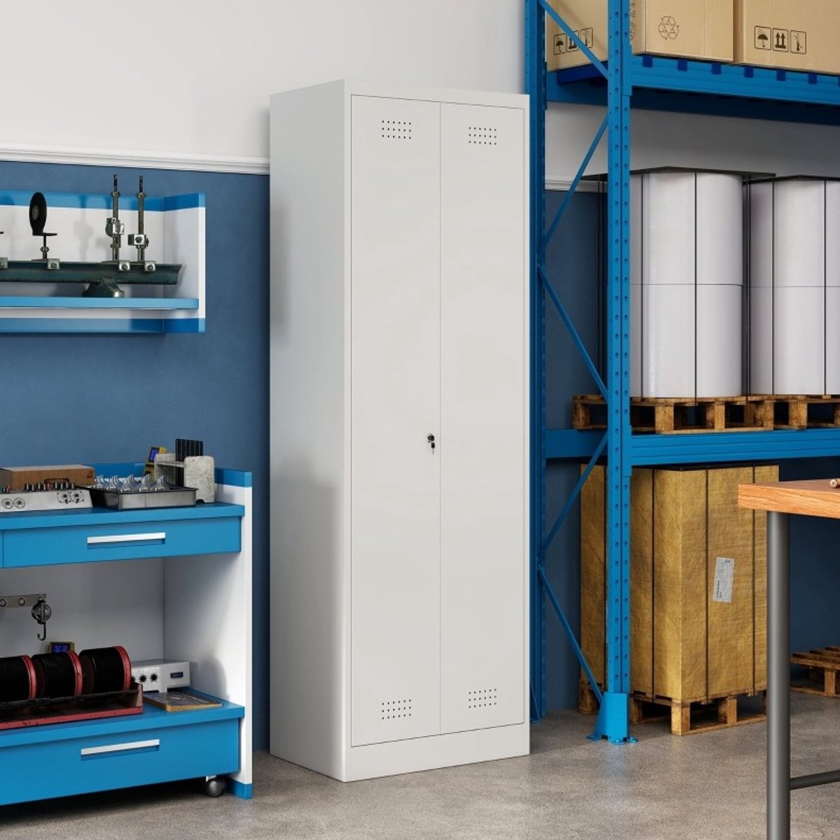 Hoge Stalen Opbergkast - Verstelbare Planken, Hangstang En Deurslot - Voor Garage, Berging En Schoonmaakruimte - Staal - 60x40x165 Cm - Crèmewit